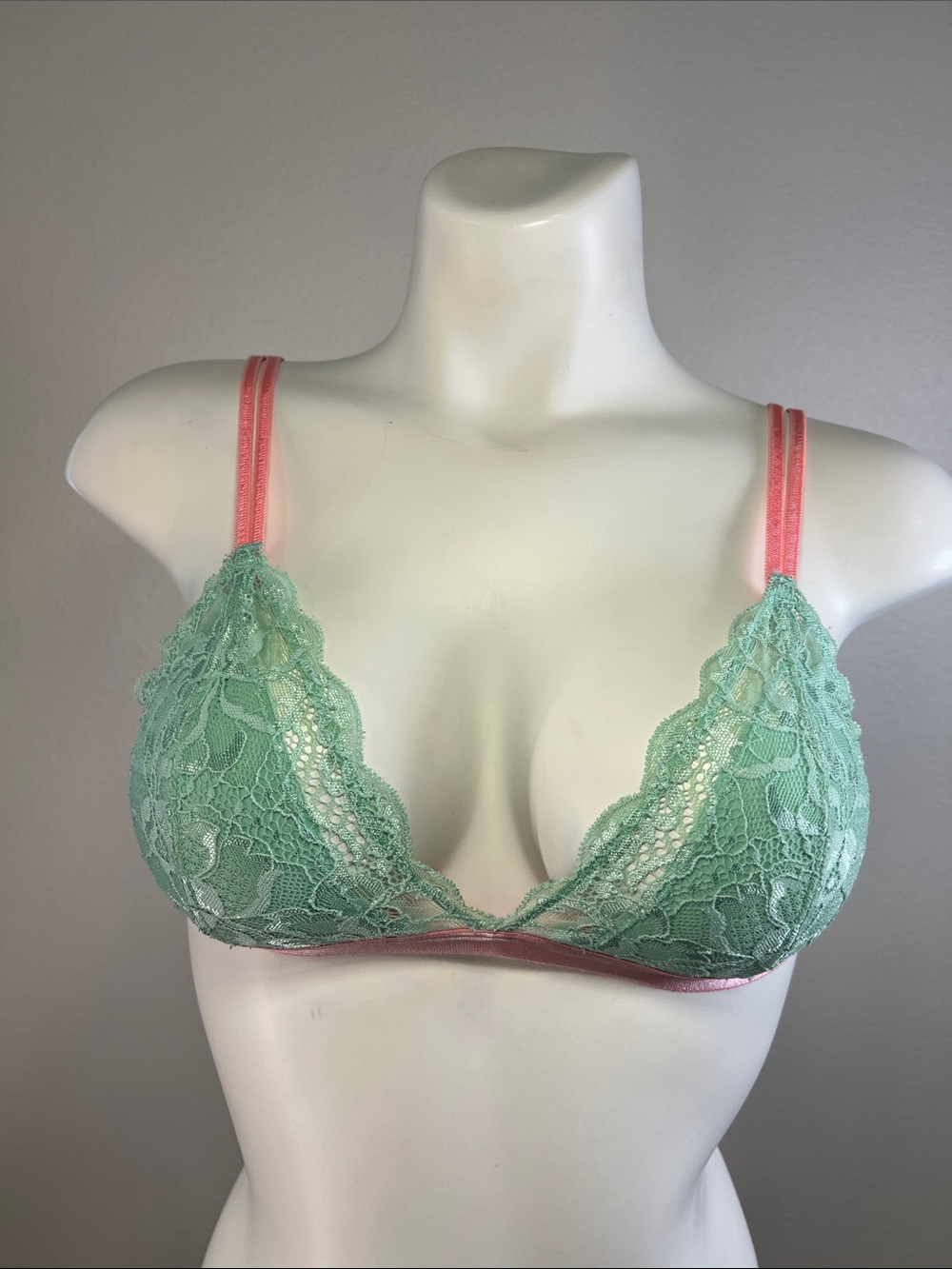 PINK Victoria's Secret Mint Lace Triangle Bralette with Coral Straps MEDIUM